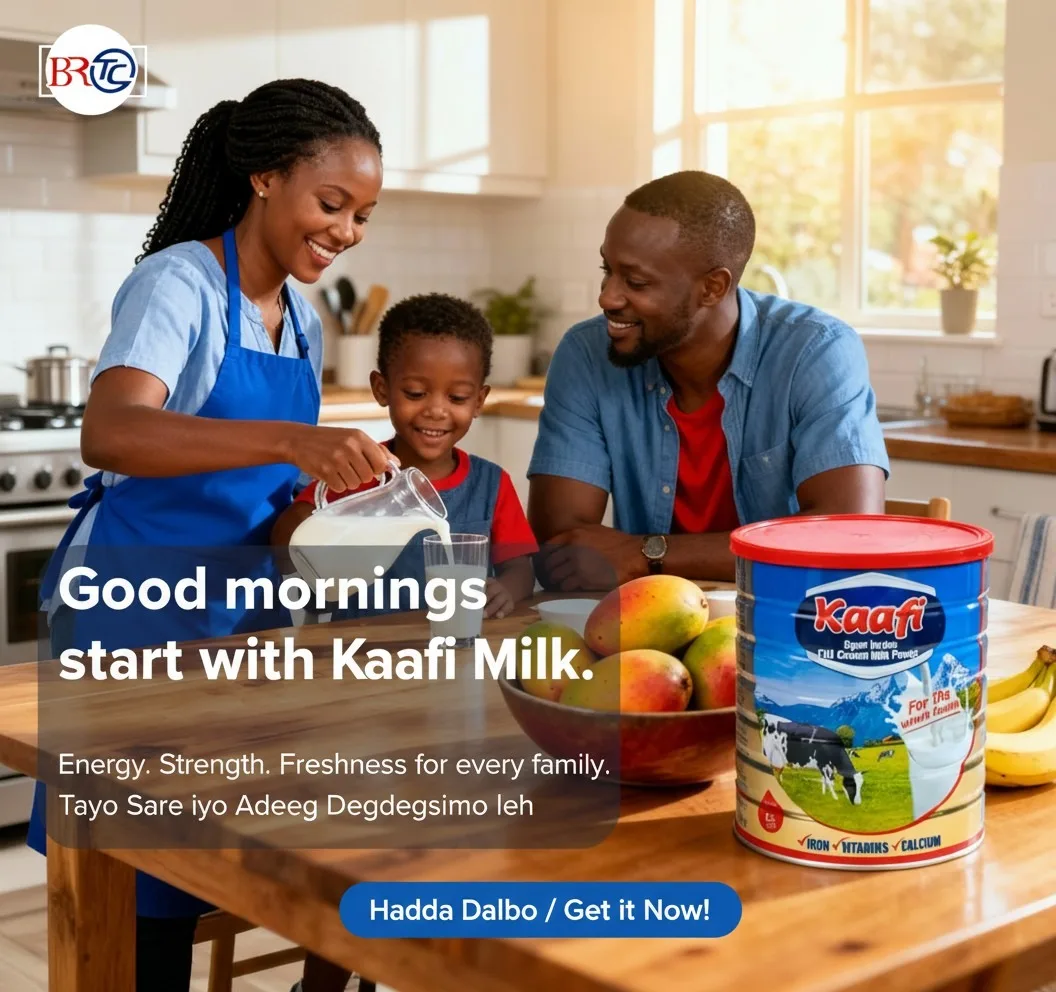 Kaafi Full Cream Milk Powder — good mornings start with Kaafi Milk, distributed by BRTCO across Somalia